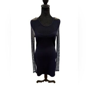Charlotte Russe Navy Blue Mini Dress with Mesh Sleeves & Studded Shoulder Detail